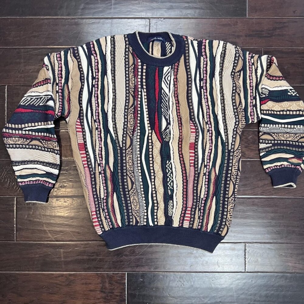 North Wales Mens Sweater L Coogi Cosby Style Multicolor 3D Cotton Hong Kong 90s